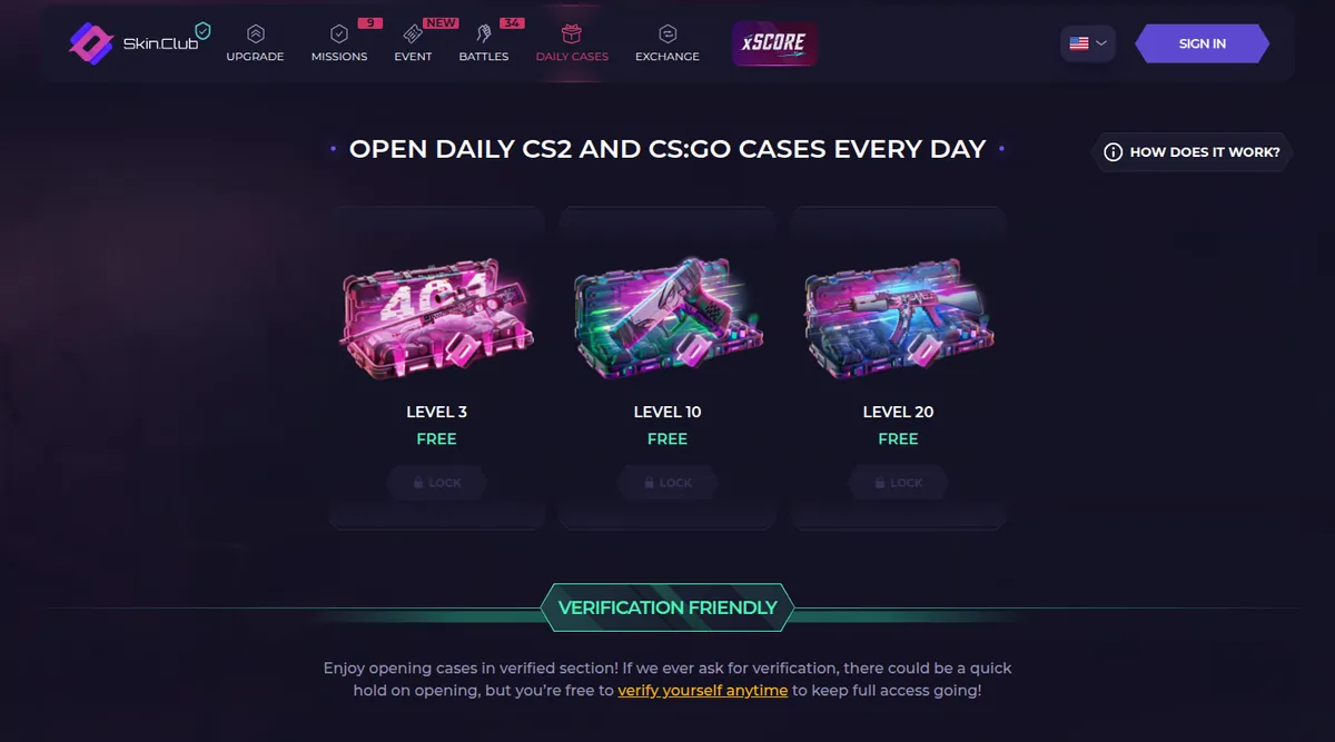 The SkinClub daily free cases page showing Level 3, Level 10 and Level 20 cases