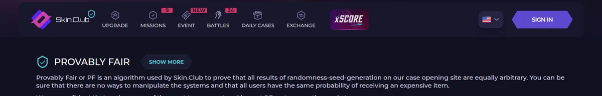 The Provably Fair section on SkinClub explaining the seed generation algorithm