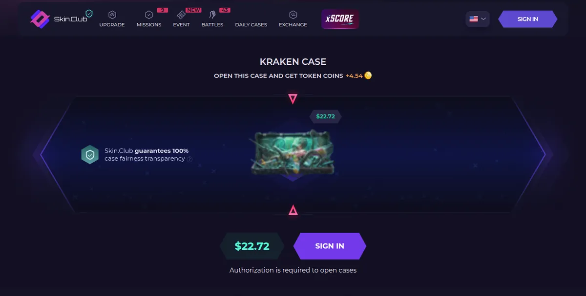 The Kraken case opening page on SkinClub showing price, fairness badge and recent top skins