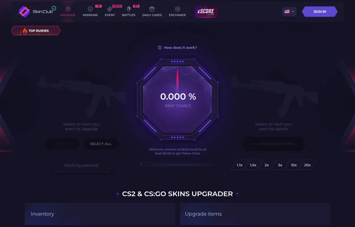 The SkinClub upgrader with the per centage wheel and multiplier shortcuts